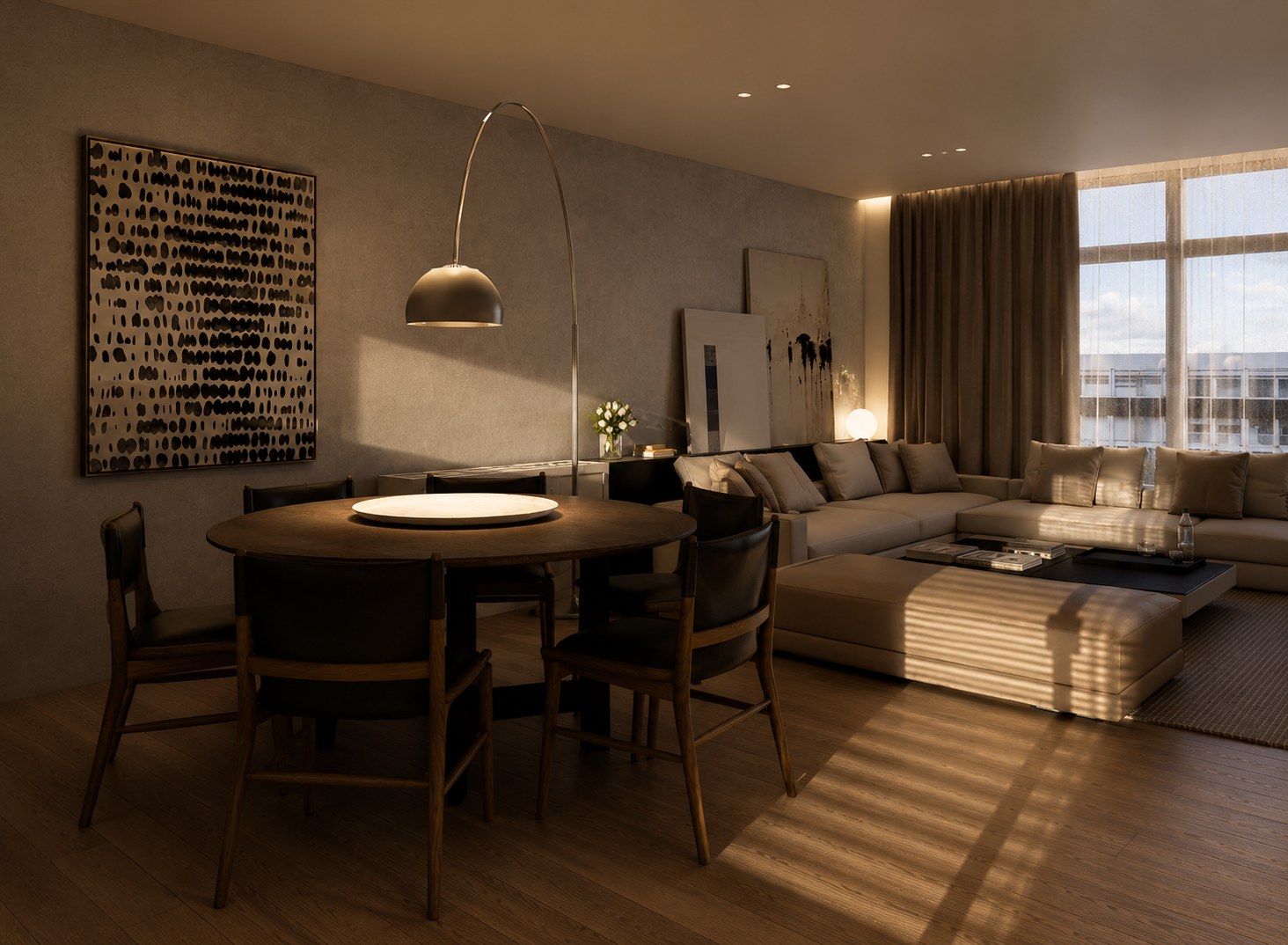 Loft Milan living and dining interior with warm lighting and arch floor lamp