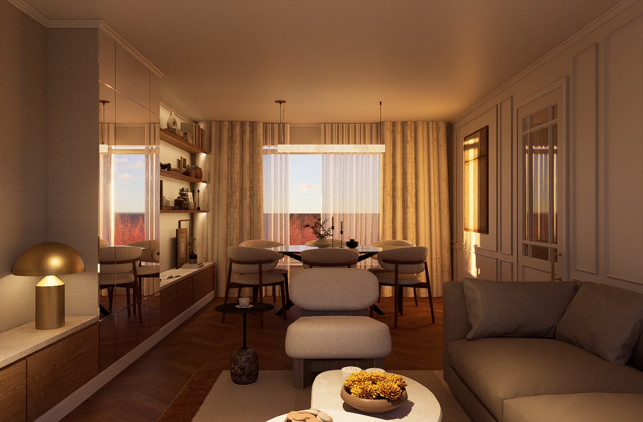 Mechelen House living room with garden view and warm neutral furniture